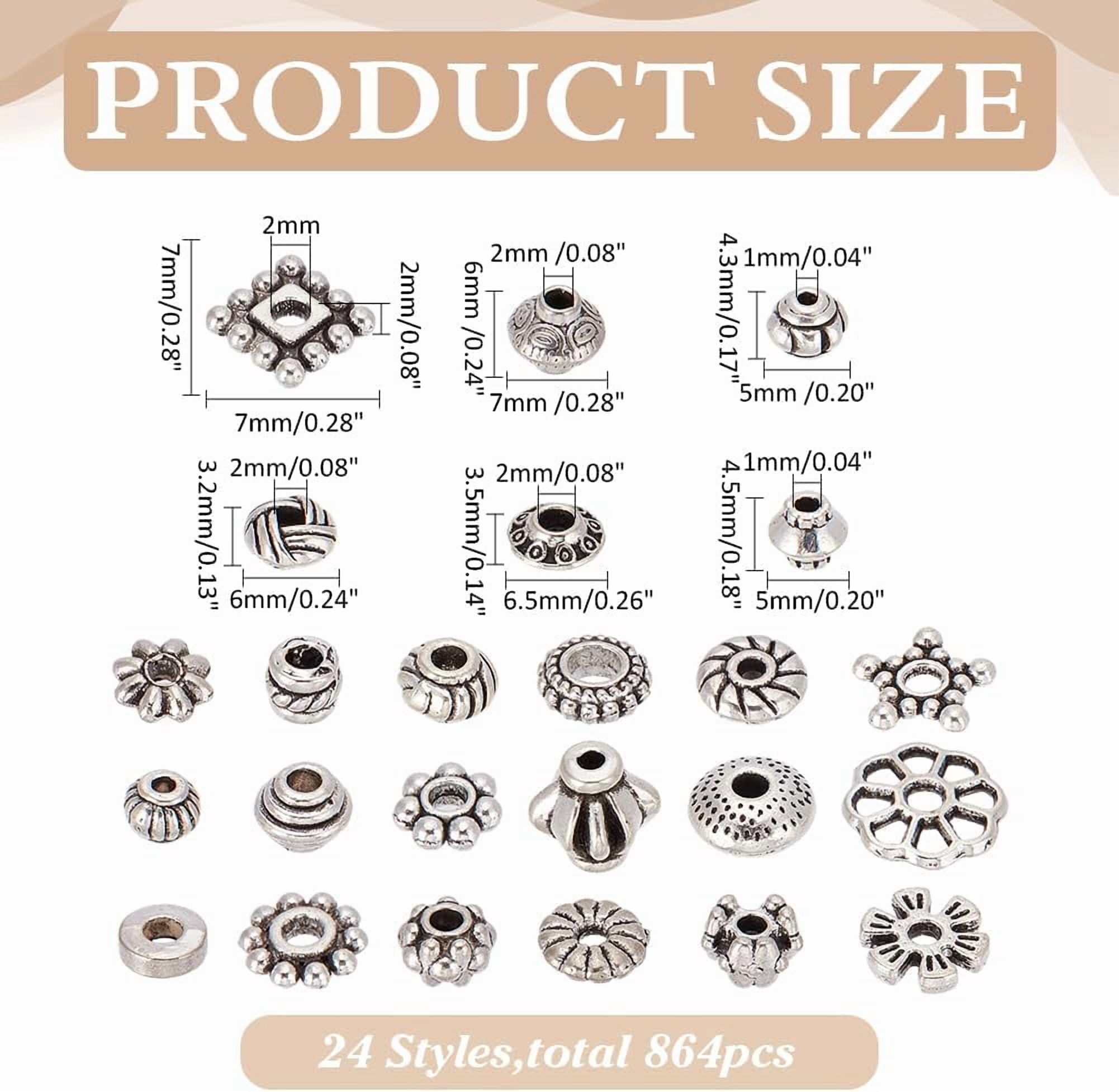 864Pcs 24 Styles Tibetan Style Alloy Spacer Beads Metal Silver Flat Round Bicone Flower Charm Spacers Loose Beads for Jewelry Making Bracelets Necklace DIY Craft