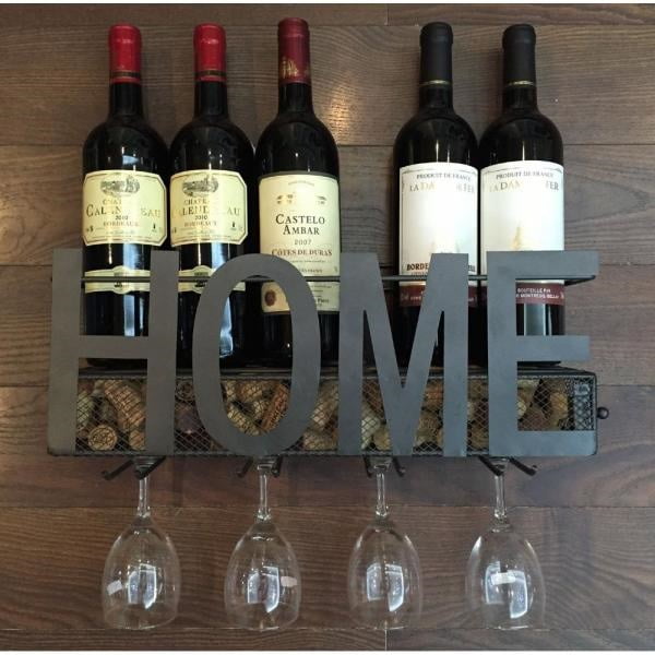SODUKU Wall Mounted Wooden Wine Rack 4 Wine Bottles and 4 Long Stem Glasses Holder Wine Cork Storage Rack Dark Brown