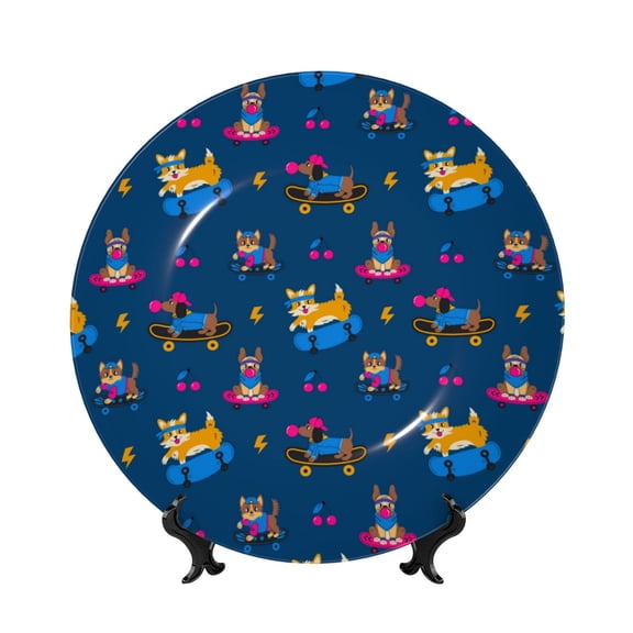 Kdxio Dogs Riding Skateboard Bone China Decorative Plate Ceramic Decorative Plate for Home Office Wall Stand Decorative Plates for Home Bedroom-6in