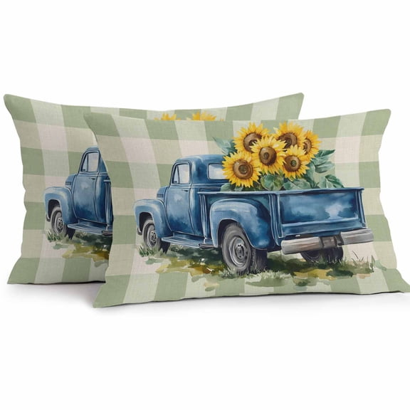 Blue Truck Yellow Sunflower Waterproof Outdoor Throw Pillow Covers 12''x20'' Pack 2, Pillow Cases Cushion Cover with Zipper, Sage Green Plaid Vintage Summer Washable Pillowcase for Poolside Sofa