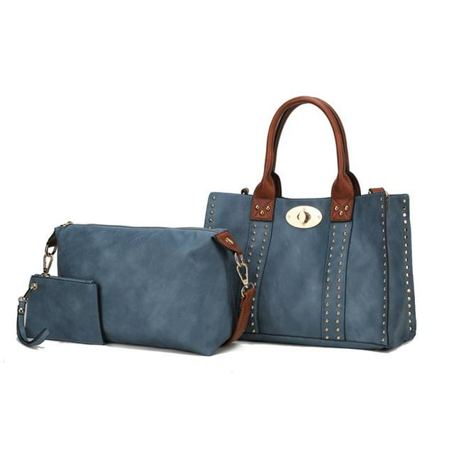 MKF Collection by Mia K. MKF-60345BLU-BR Elissa 3 pc Set Satchel Handbag with Pouch & Coin Purse