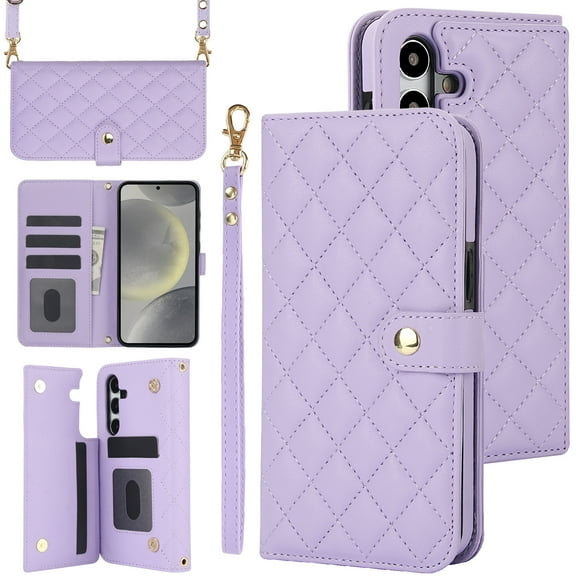 Compatible with Samsung S25 Wallet Case Wrist Strap Crossbody Strap, PU Leather Multifunctional Card Slots Stand Rugged Cell Phone Cover for Samsung Galaxy S25 Women Girls, Purple