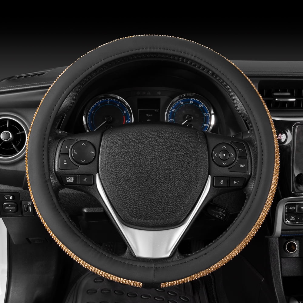 BDK Glitter Rhinestones Cute Stylish Bling Bling Sparkle Steering Wheel Cover, Universal Size (Crystals - Gold)