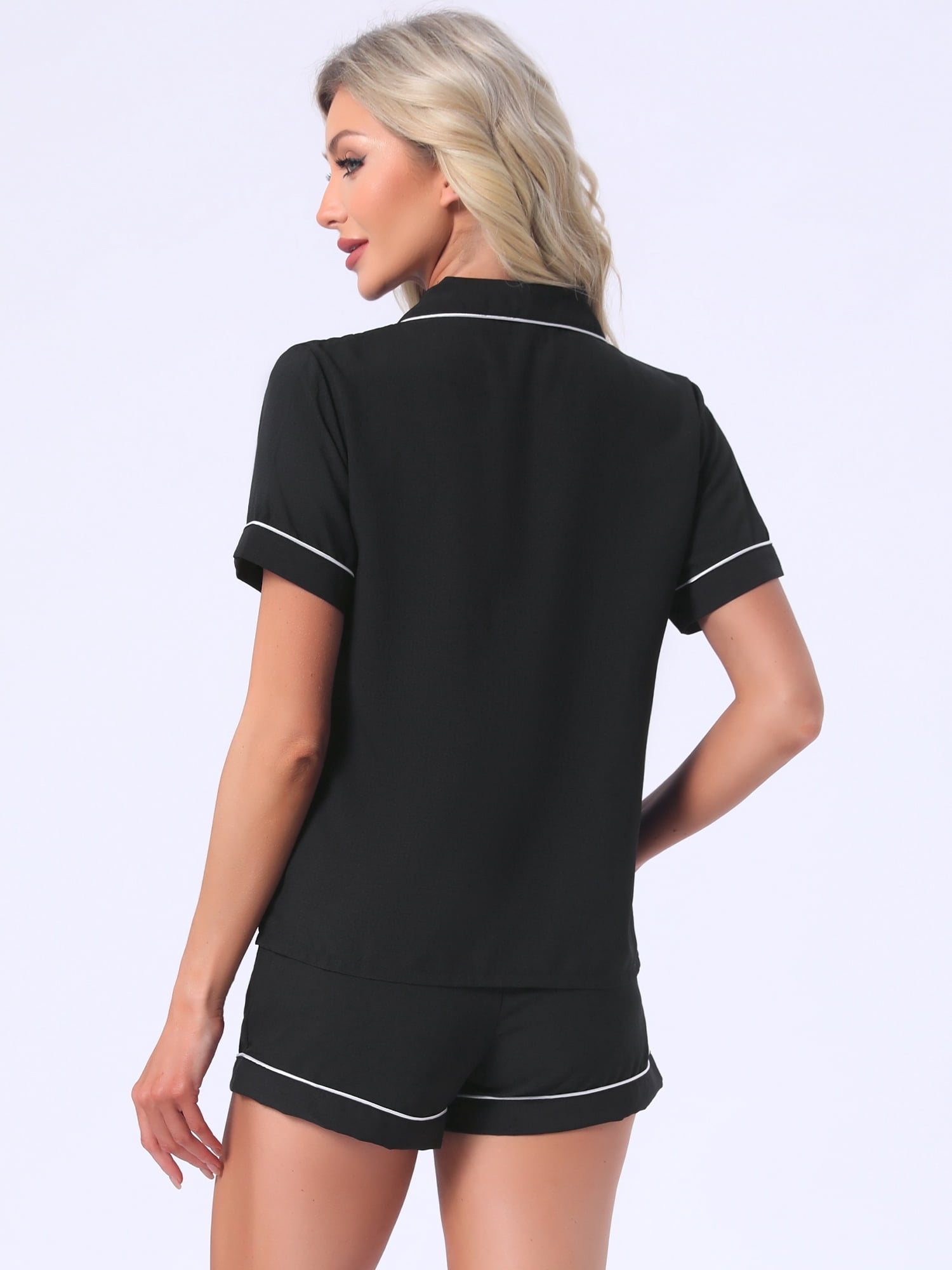 DARING DIVA Women's Pajama Set Heart Print Short Sleeve Button Down Shirt M Black