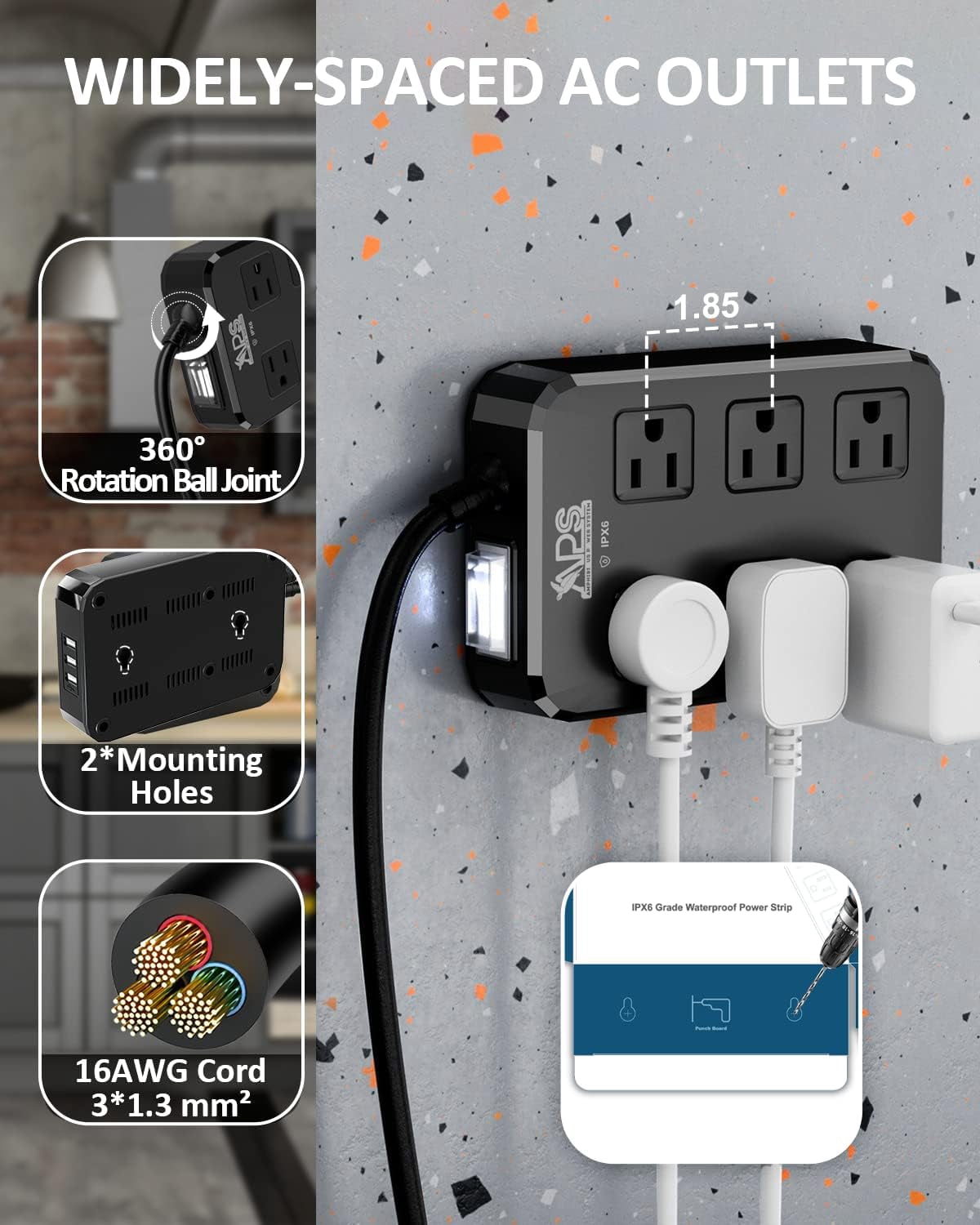 IPX6 Outdoor Power Strip Weatherproof, Waterproof Surge Protector with 6 Wide Outlet(10FT) +3USB Ports, Wall Mountable for Outside Decorations and More ETL Listed(Black)