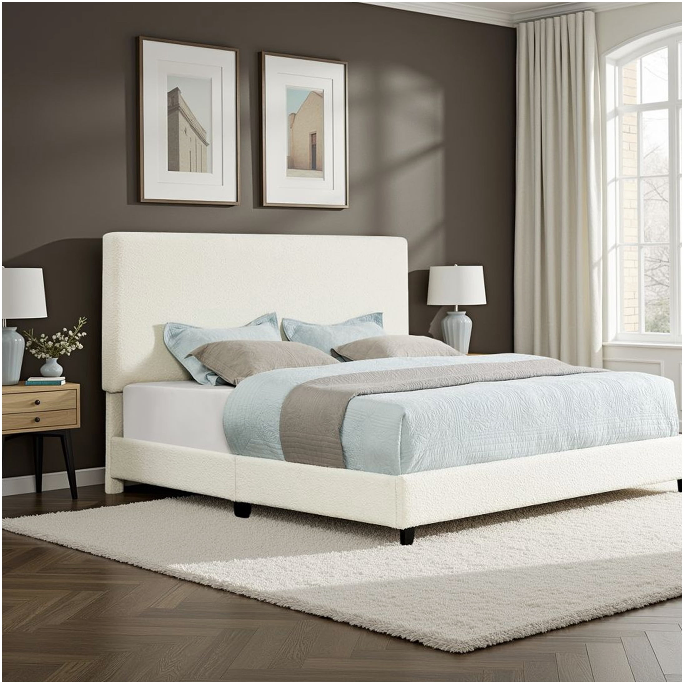 Modern White Boucle Upholstered King Size Bed Frame with Platform Base and Padded Headboard