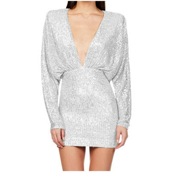 cfhntfmh Sequin Prom Dresses for Women Long Sleeve V Neck Bodycon Dress Ladies Backless Cocktail Party Mini Dress