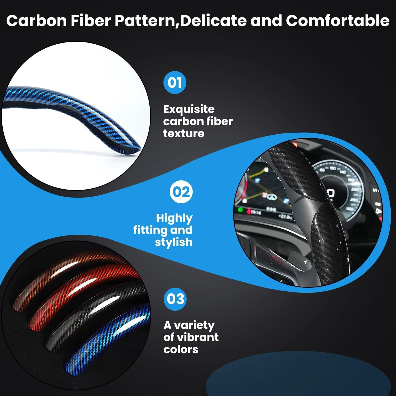 Carbon Fiber Steering Wheel Cover 3PCS Set – Anti-Slip, Scratch-Resistant, Universal Fit for 14–16 Inch Wheels – Interior Car Accessories for Cars, SUVs, Trucks (Blue)