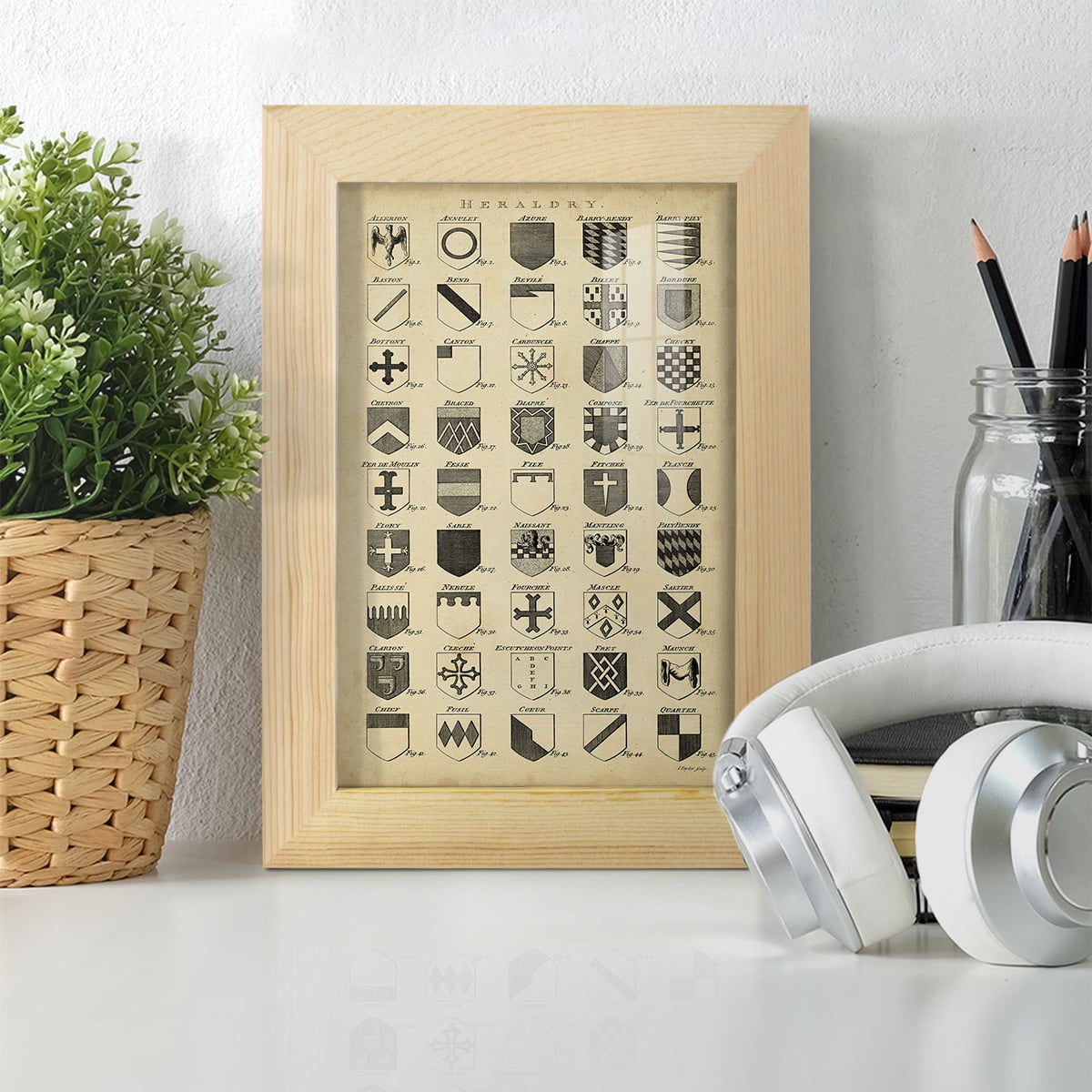 Vintage Heraldry I -Framed Print w/glass-Natural Wood