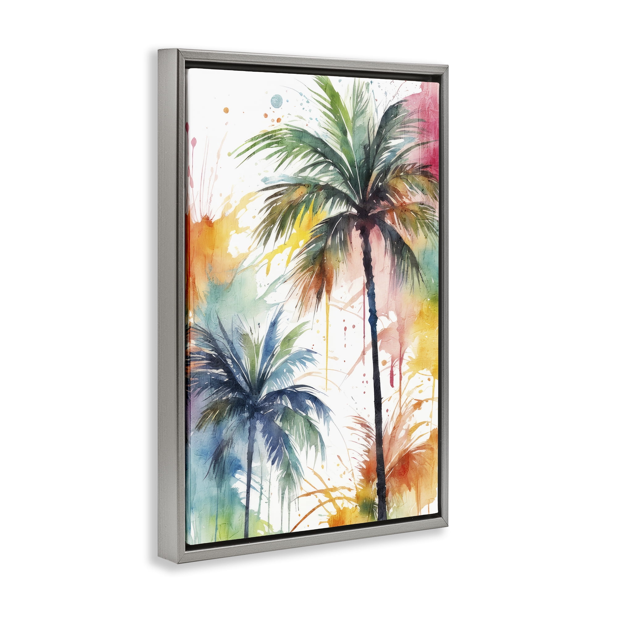 Stupell Industries Splashed Palm Trees Botanical & Floral Painting Gray Floater Framed Canvas Art Print Wall Art, 21 x 31