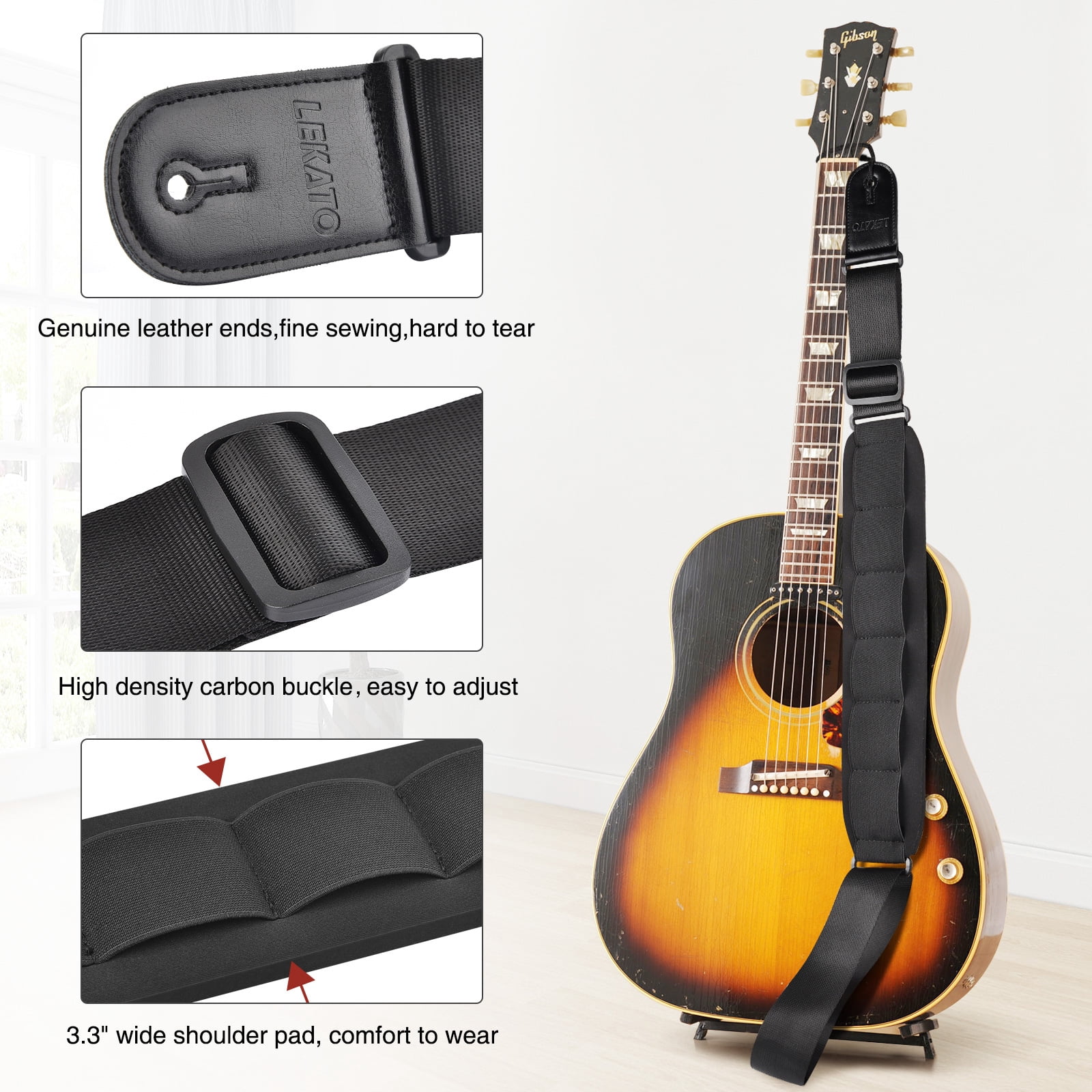 LEKATO Guitar Strap Bass Straps for Electric Guitar with 3.3" Wide Sponge Pad for Effective Decompression Padded Bass Guitar Straps Adjustable Length from 42" to 58" with 2 Safety Locks & 6 Picks