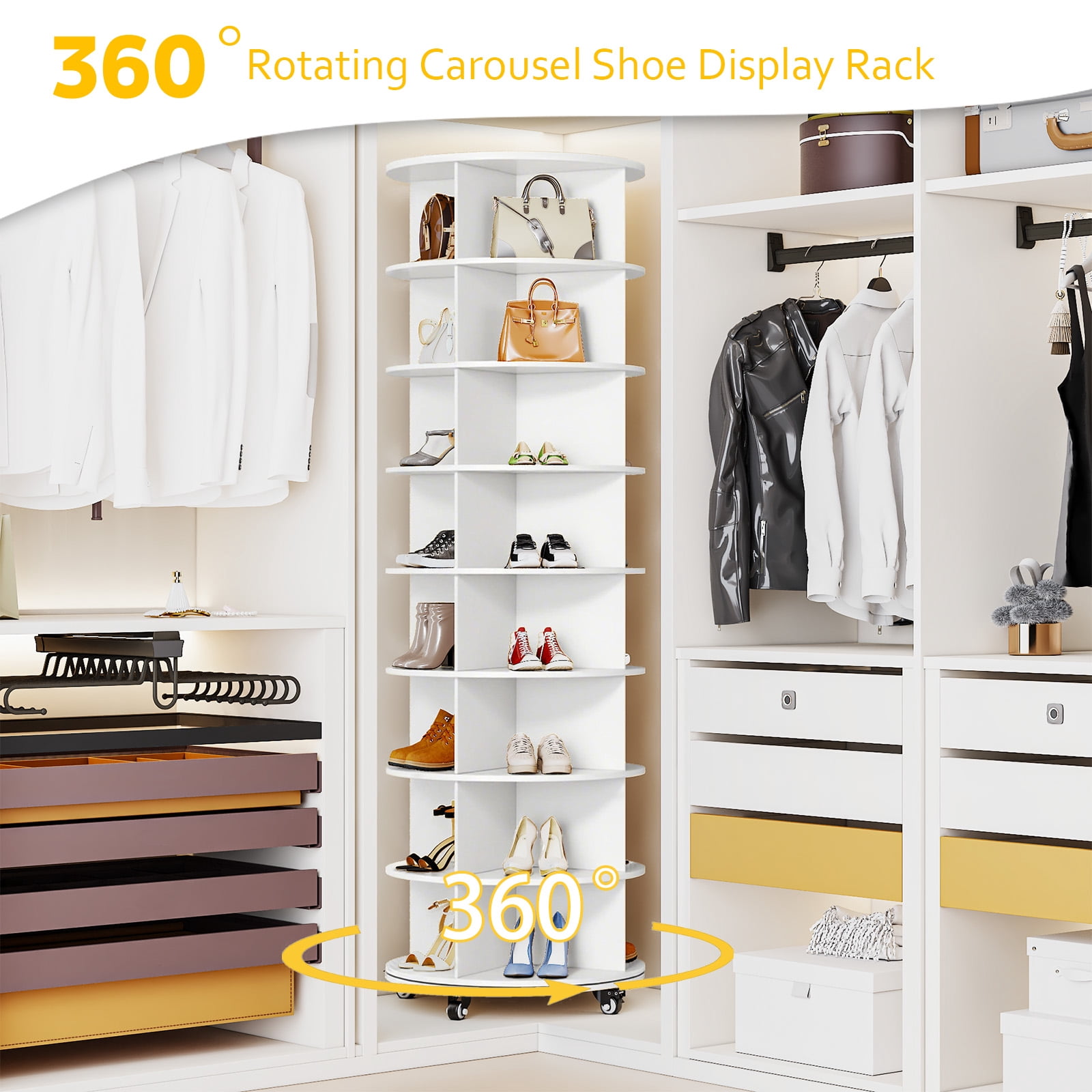 AECOJOY 8-Tier Rotating Shoe Rack with 4 Casters, 360° Spinning Organizer for Closet Storage, White