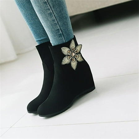 

KEUSN Ladies Fashion Solid Color Suede Floral Decorative Wedge Heel High Side Zipper Short Boots