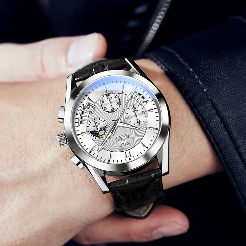 OLEVS Watches for Men Chronograph Black Leather Gold Plated Case Analog Quartz Fashion Business Dress Large Face Mens Watches Luminous Waterproof Casual Male Wrist Watch Reloj para Hombre