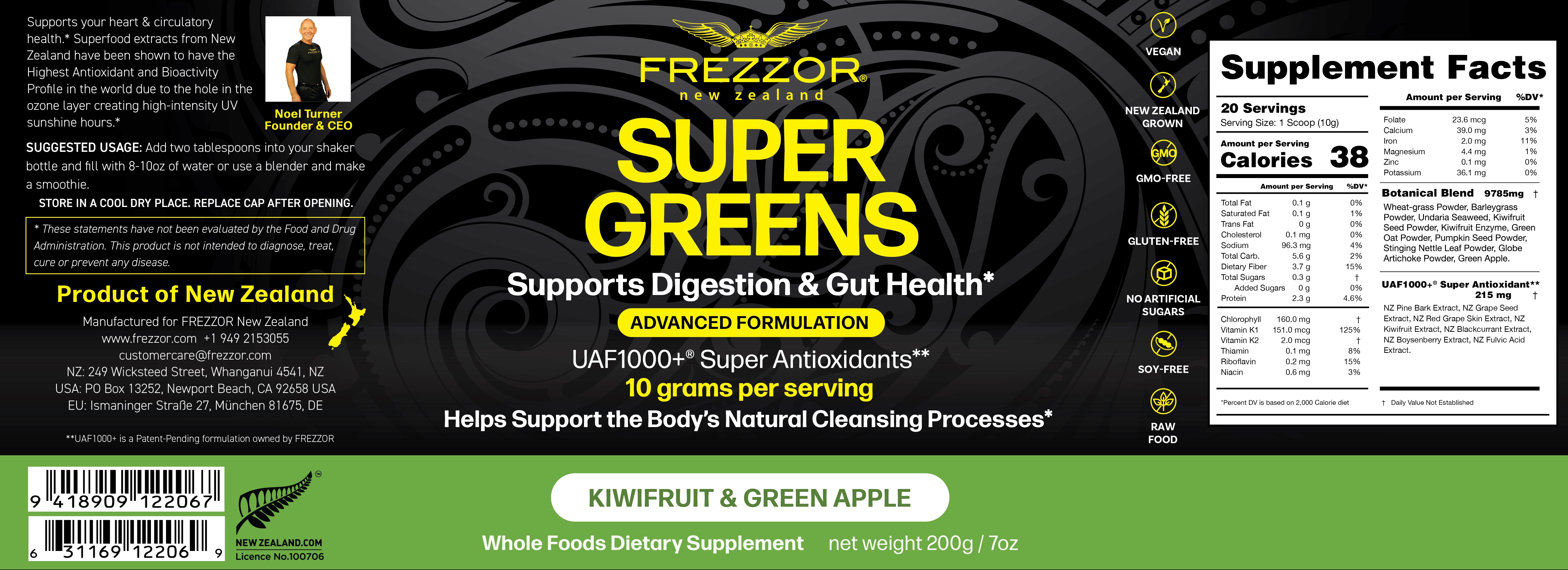 FREZZOR Super Greens Powder with UAF1000+, Wheat Grass Supplement, 300g, 3 Bottles