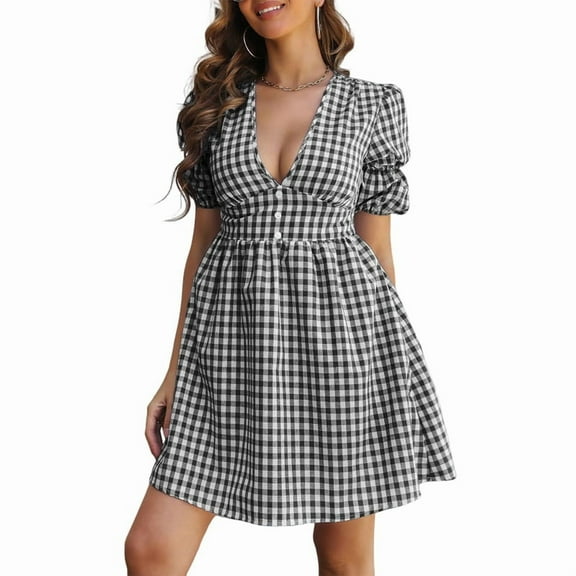 Women Retro Plaid Print Midi Dress Button Up V Neck Short Sleeve Ruffle Casual Dresses
