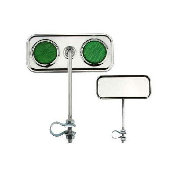 Rectangle Mirror Chrome Green Reflectors. Bike mirror, bicycle mirror for lowrider, beach cruiser, chopper, limo