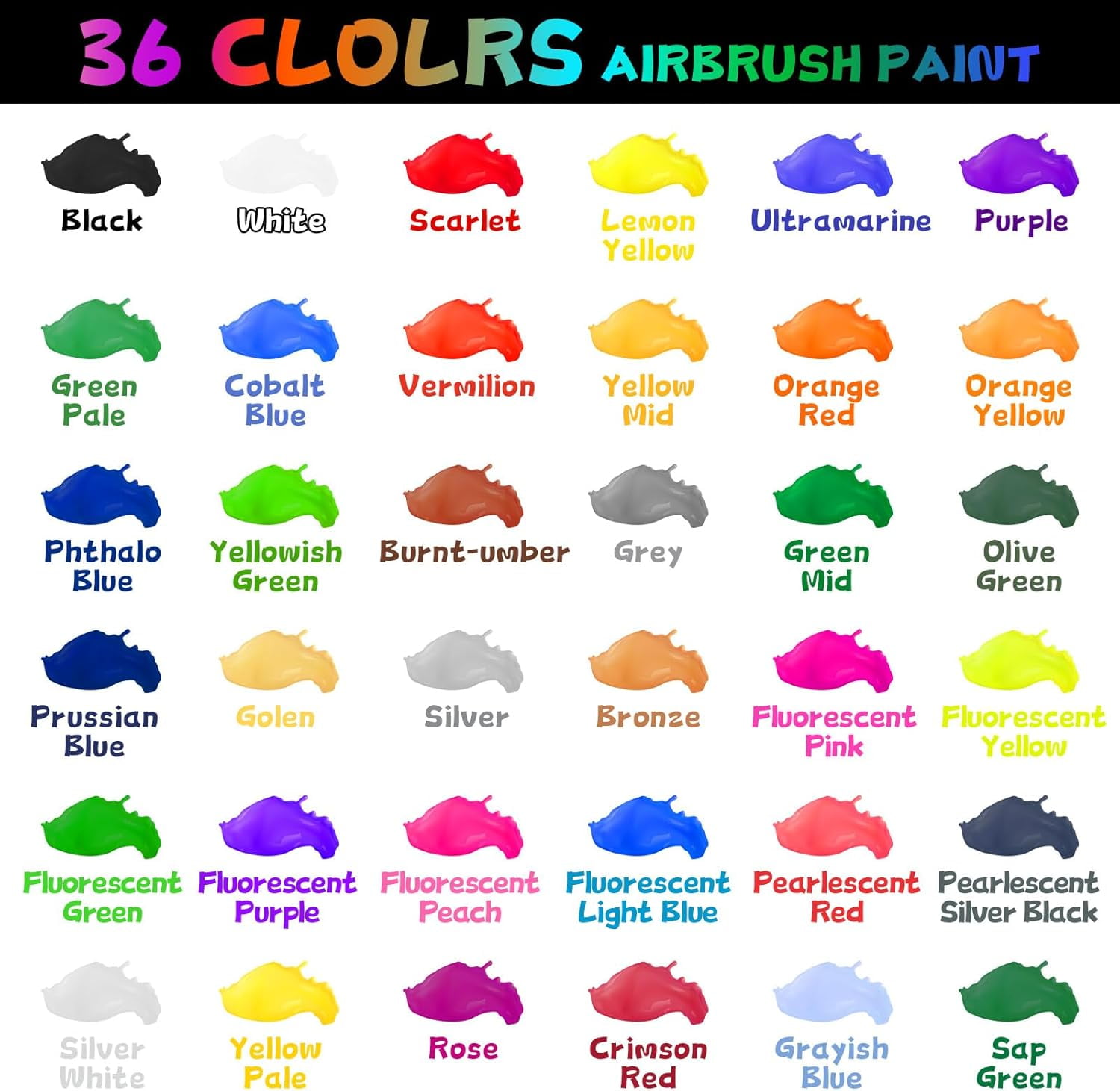 Airbrush Paint, 36 Colors with 2 Thinner Airbrush Paint Set, Water-Based Air Brush Painting 0.67 oz, Brilliant Colors Acrylic Airbrush Paint for Nails, Aetists, DIY, Hobbyist, Beginners, 20ml/Bottle