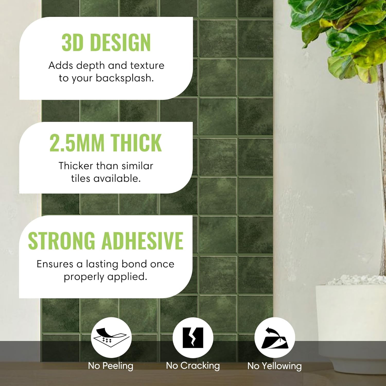 Select 5 Pack Peel and Stick Backsplash Square Tiles, Extra Thick 3D Wall Panels, Heat & Water Resistant, Easy DIY Kitchen, Bathroom, Laundry, Fireplace & Rental Home Wall Décor (12 x 12 in), Green
