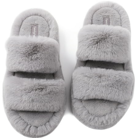 

FamilyFairy Women s Fluffy Faux Fur Slippers Comfy Open Toe Two Band Slides with Fleece Lining and Rubber Sole