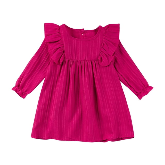 biudgviw Robes pour Tout-Petits Filles Manches Longues à Volants Col Ras du Cou Couleur Unie Texturé Coupe Trapèze Robe Décontractée Douce en Coton 0-6 Ans