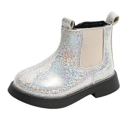 eileial Girls Kids Lug Sole Ankle Boots Side Zip Chunky Low Heel Slip On Winter Casual Chelsea Booties Shoes(White 23)