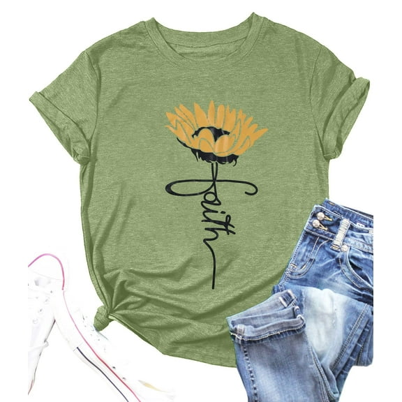 VILOVE Women Sunflower Graphic Crew Neck Short Sleeve Summer Casual T-Shirt
