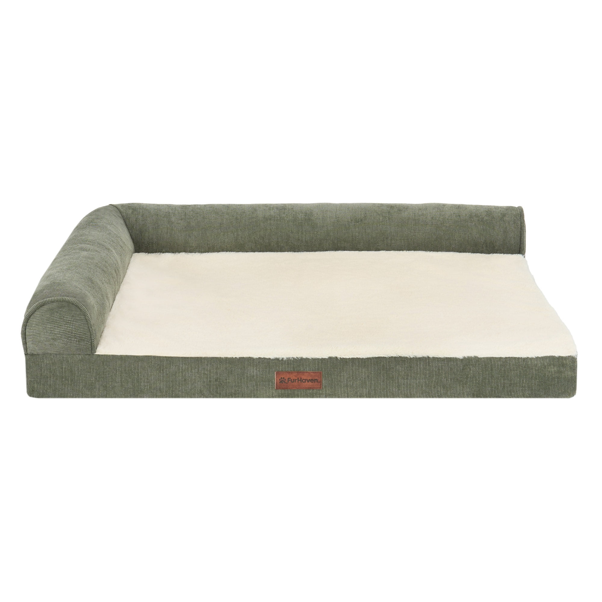 Plush & Grid Cord Orthopedic Deluxe L-Chaise Pet Bed for Dogs and Cats - Olive, Large