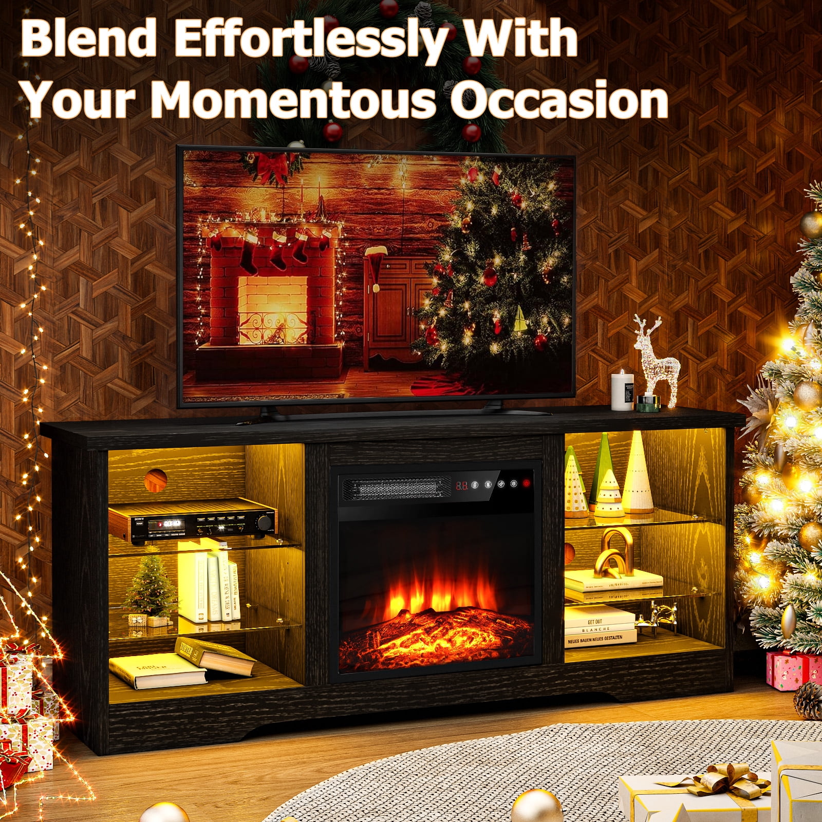 BOSSIN 58" Fireplace TV Stand for 65 inch TV Console with 18'' Electric Fireplace & Remote, Wooden Modern Entertainment Center for Living Room with LED Light Glass Shelves