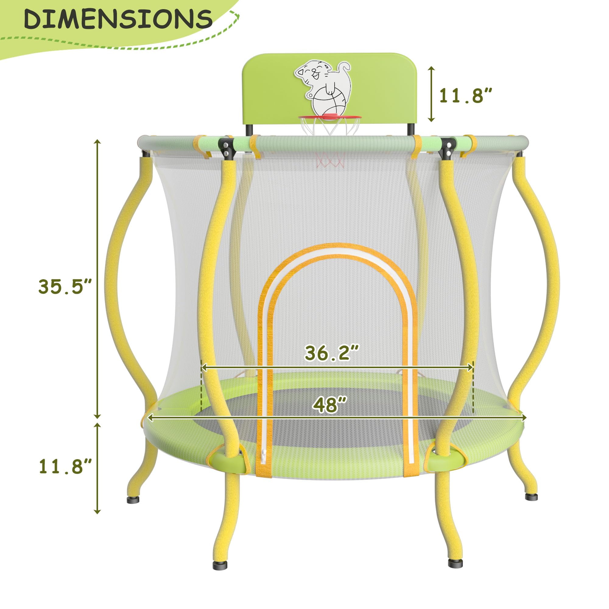 Leuco 48" Kids Trampoline, Toddler Trampoline with Safety Enclosure, Mini Trampoline with Basketball Frame and No Gap Design, Indoor/Outdoor Gift for 1-8 Year Olds