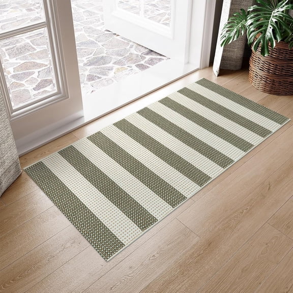 Striped Rug Washable Front Door Mat Outdoor Doormat Woven Entry Rug Cotton Indoor Outdoor Rug Checkered Rugs for Porch Kitchen Entryway Patio Bathroom (Green/White/Tan)