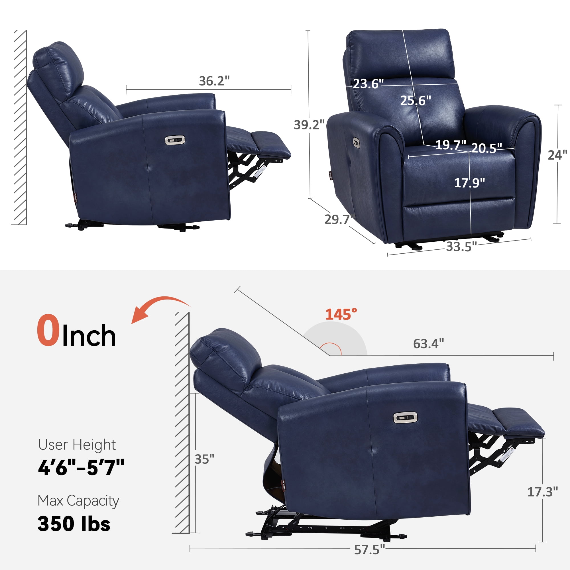 MCombo Zero Wall Hugger Power Recliner Chair for Small Spaces, FSC Certified, Faux Leather, Navy Blue