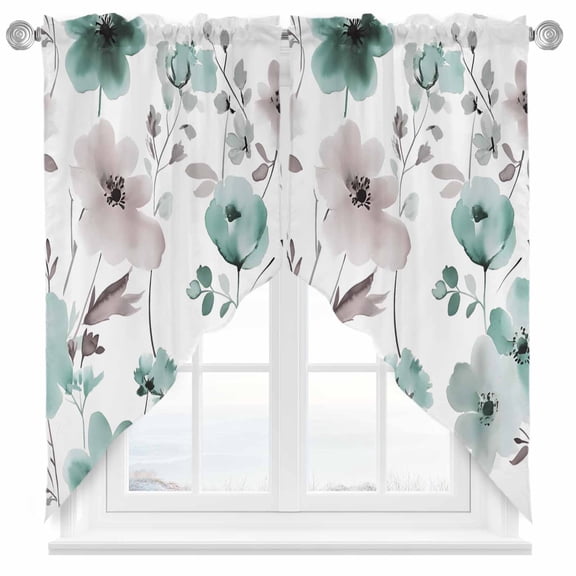 Vintage Teal Swag Curtain Valance for Windows, Brown Floral Watercolor Blossom Flowers Abstract Window Treatments Short Swag Topper for Kitchen Windows Bathroom Bedroom, 36"x45"