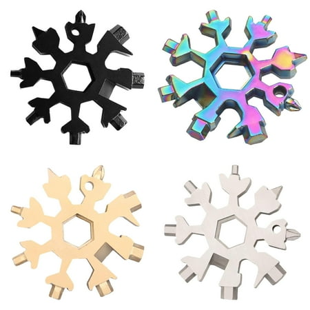 18-in-1 Stainless Steel Snowflake Multitool 4PC Set Includes Black Silver Colorful & Gold Tools Compact Pocket Utility Gadget with Bottle Opener Hex Keys Wrenches & Screwdrivers for Home Travel
