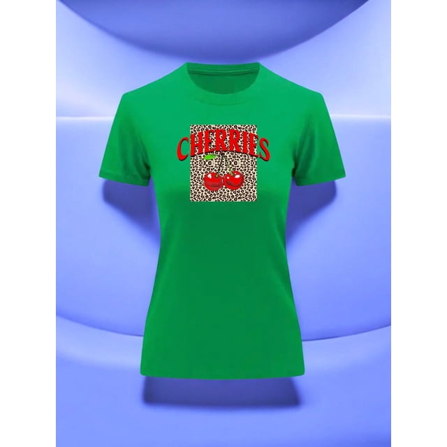 Playera Blusa De Cerezas Cherries Con Fondo Animal Print Vintage Color Verde Talla Mediana Marca Emil SaEs