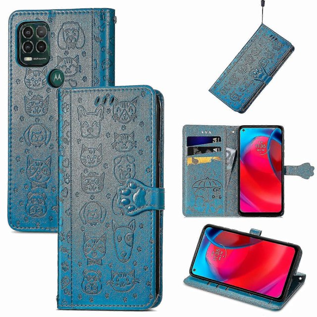 Funda de poliuretano con relieve de perro y gato para Motorola Moto G Stylus 5g, color azul