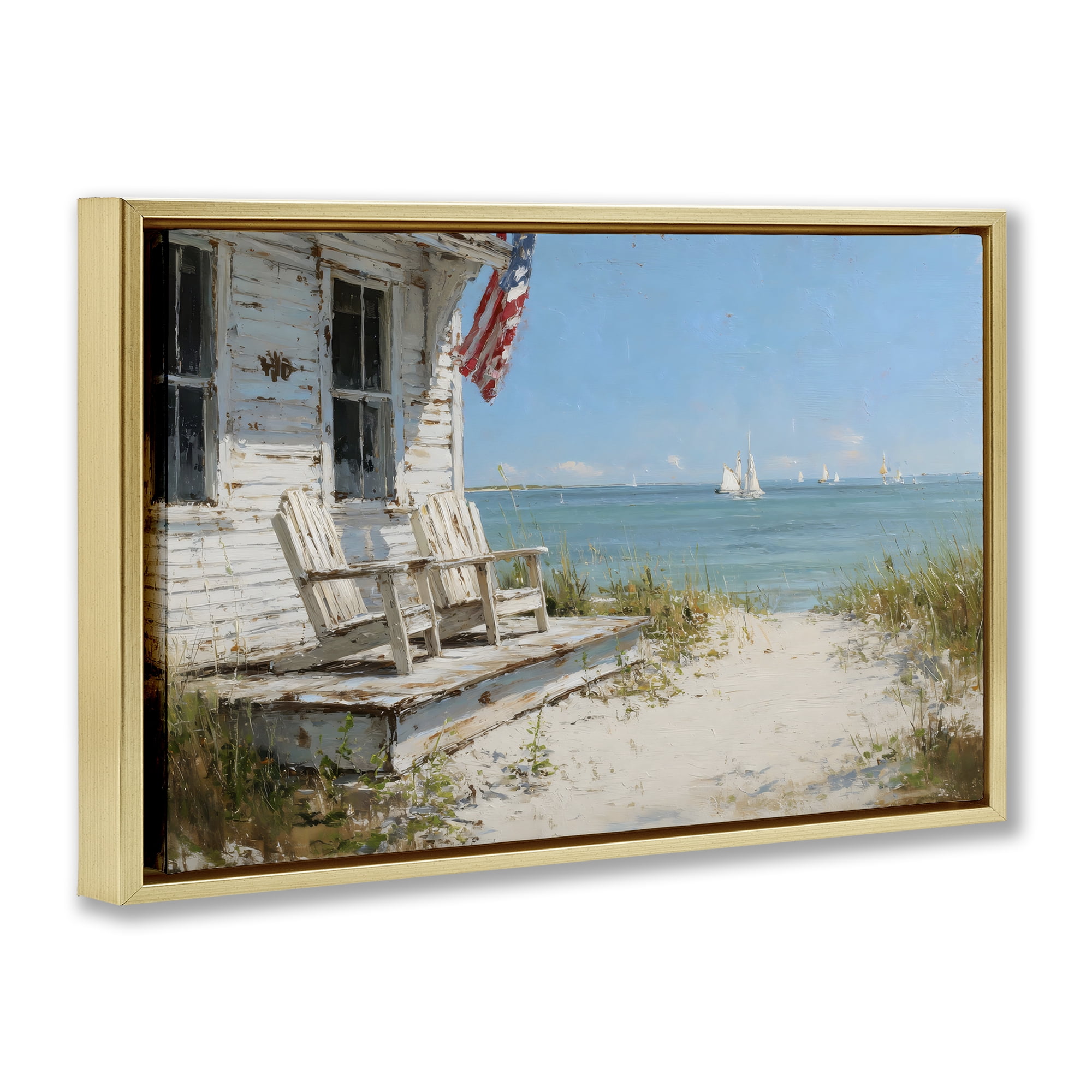 Stupell Industries By The Ocean Cottage Retreat Gold Framed Floater Canvas Wall Art, design by Petal Prints Design