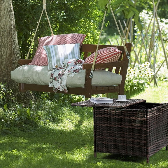 Square Outdoor Storage Side Table Brown PE Rattan Patio End Table with Hidden Compartment for Cushions,Garden Tools & Accessories