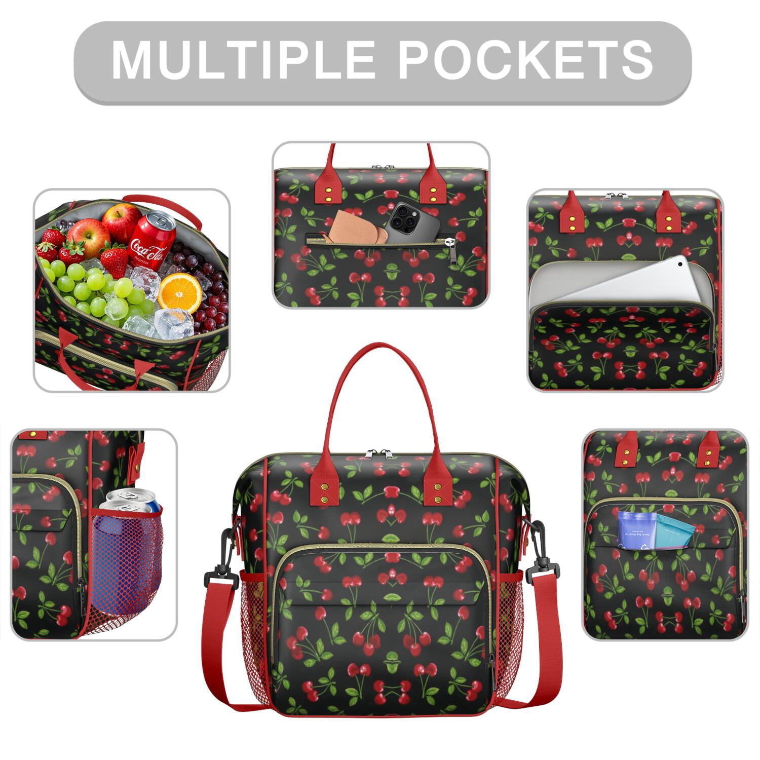 Cherry Print Reusable Lunch Tote Waterproof Leakproof Large Lunch Box Dual Insulated with Adjustable Strap & Multi pockets Perfect for Office & Outdoor Use