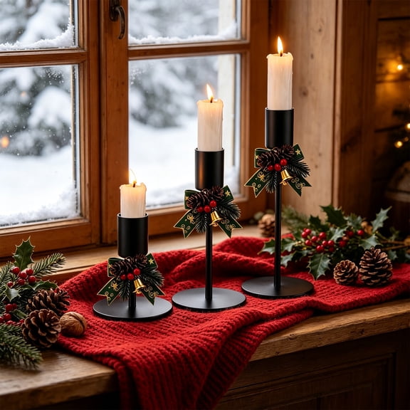 3-Piece Christmas Taper Candle Holder Set, Iron Stands with Bow, Pinecone and Berry Accents for Tabletop and Mantel Decor, Green