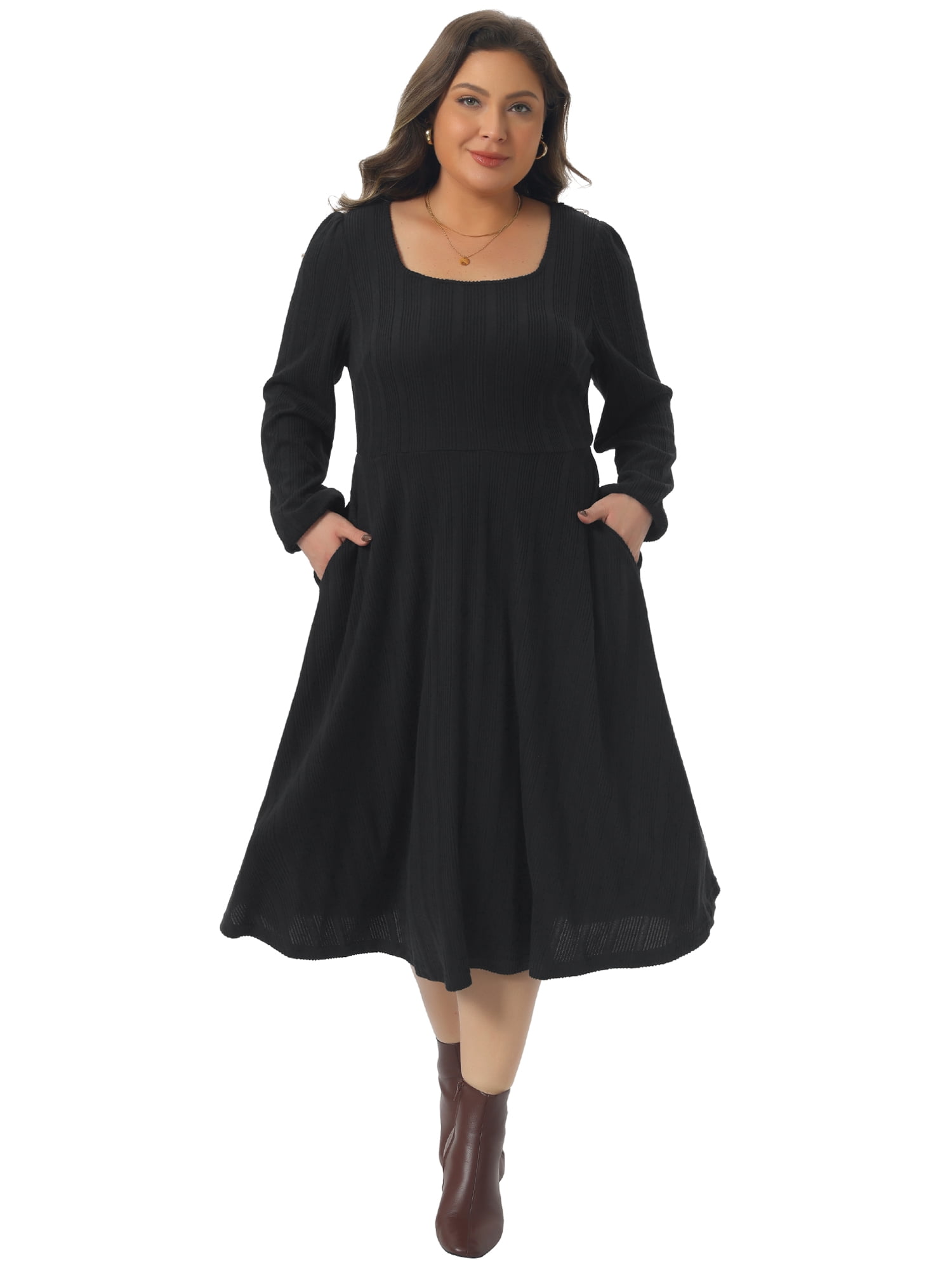 DARING DIVA Women's Plus Size Knit Long Sleeve A Line Midi Pockets Dress 4X Black
