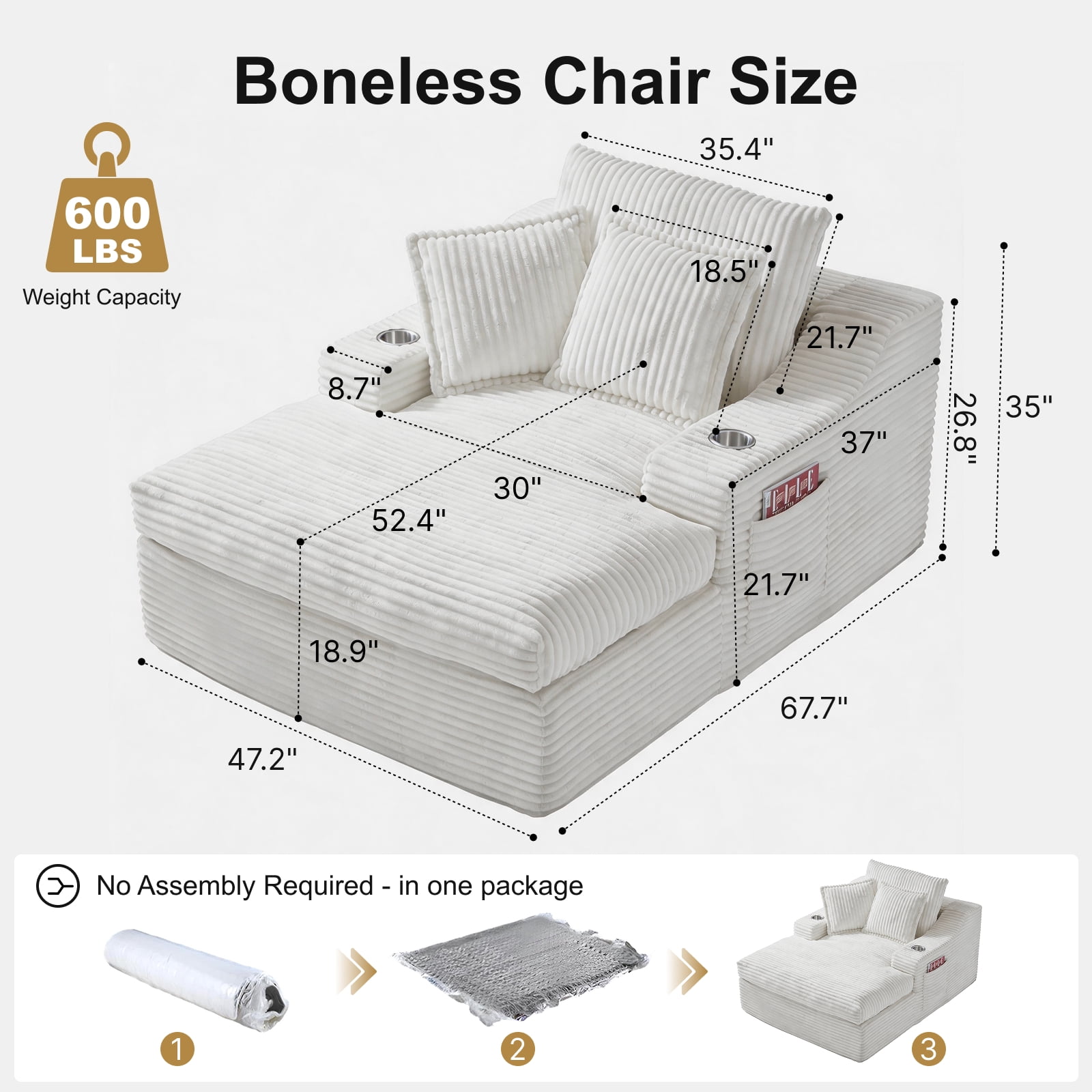 47" Wide Oversized Single Chaise Lounge Chair, 67'' Sleeper Sofa Bed with Cup Holders & 3 Pillows