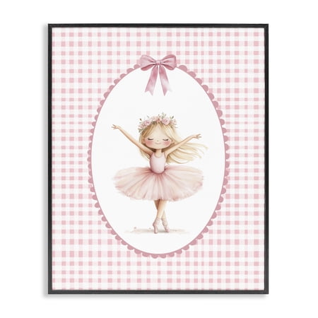Ballerina on Pink Checkered Black Framed Giclee Art design by Christine Simpson Art