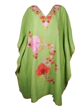 Mogul Women Green Floral Embroidery Caftan Dress V-Neck Kimono Resort Wear Mid Length Cover Up Kaftan Dresses 3XL