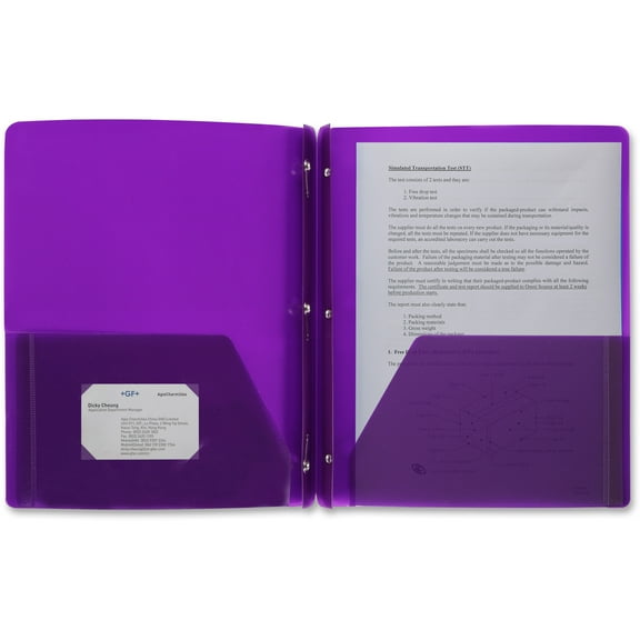 Business Source Letter Portfolio - 8 1/2" x 11" - 50 Sheet Capacity - 3 x Prong Fastener(s) - 2 Pocket(s) - Poly - Purple - 1 Each | Bundle of 5