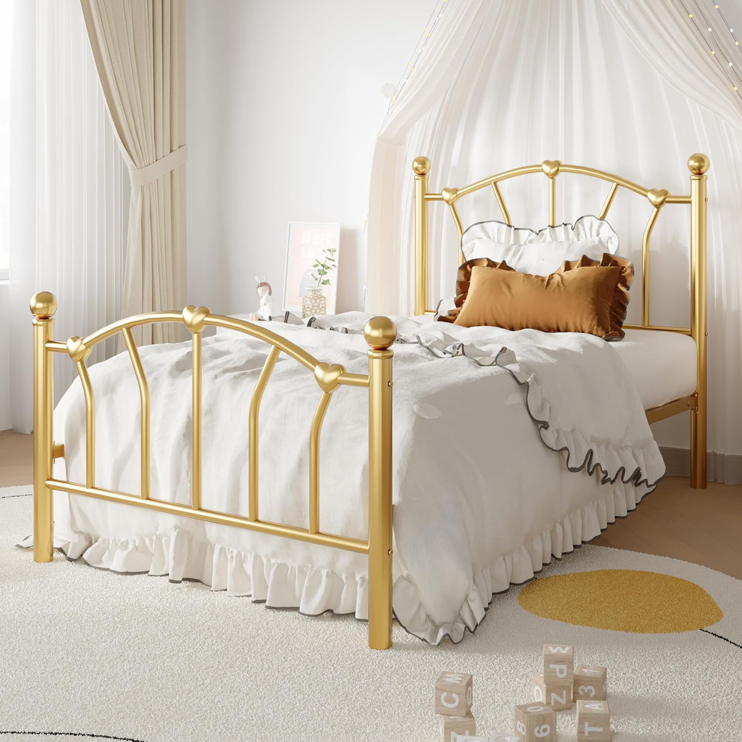 SHA CERLIN 14 Inch Twin Size Metal Platform Bed Frame with Heart Shaped Iron-Art Headboard/Footboard, Under Bed Storage, Noise Free Mattress Foundation, Easy Assembly, Gold