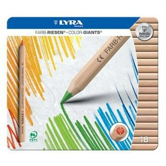 Lyra Color-Giants Unlacquered Colored Pencils 6.25 Millimeter Cores Set of 18 in Tin Case Assorted Colors