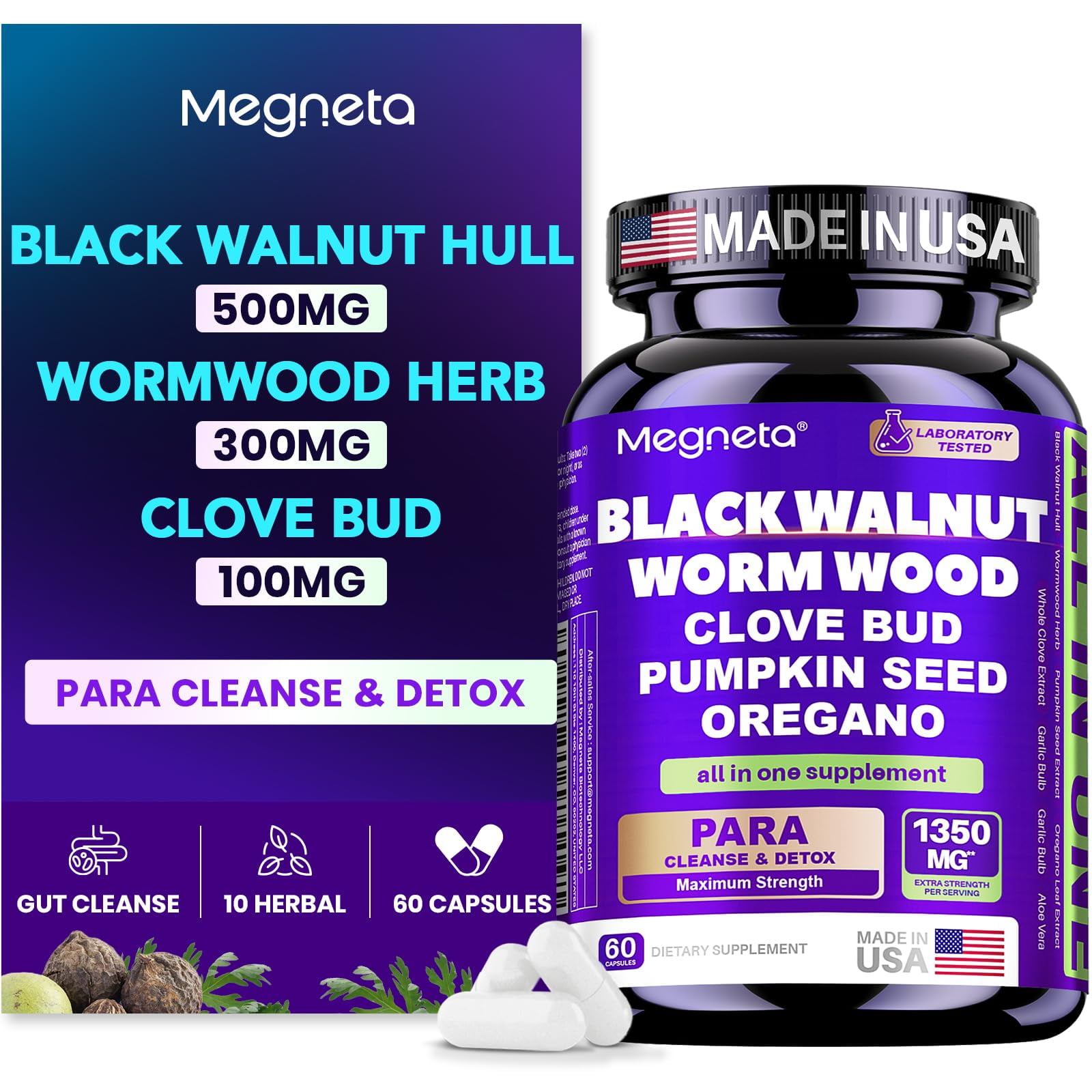 Wormwood Black Walnut Clove Cleanse for Humans, Intestinal Cleanse & Gut Detox with Pumpkin Seed & Oregano, Vegan Digestive Support for Adults, 60 Capsules