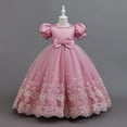 thumbnail image 6 of Girls Puff Sleeve Bow Ball Gown Dress Embroidered Mesh Floor Length Birthday Party Pageant Princess Dress (7-8 Y, Pink), 6 of 8