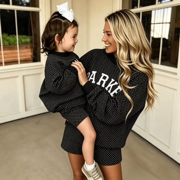 2026 Fall Winter New PARKE Letter Embroidered Cotton Polka Dot Set, Casual Turtleneck Mom And Me Long Sleeve Sweatshirt & Athletic Shorts Outfit